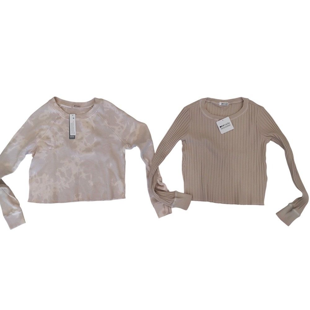 LAmade Womens 2pc Bundle Tie Dye Fleece Sweatshirt & Ribbed Knit Top Tan XS NWT